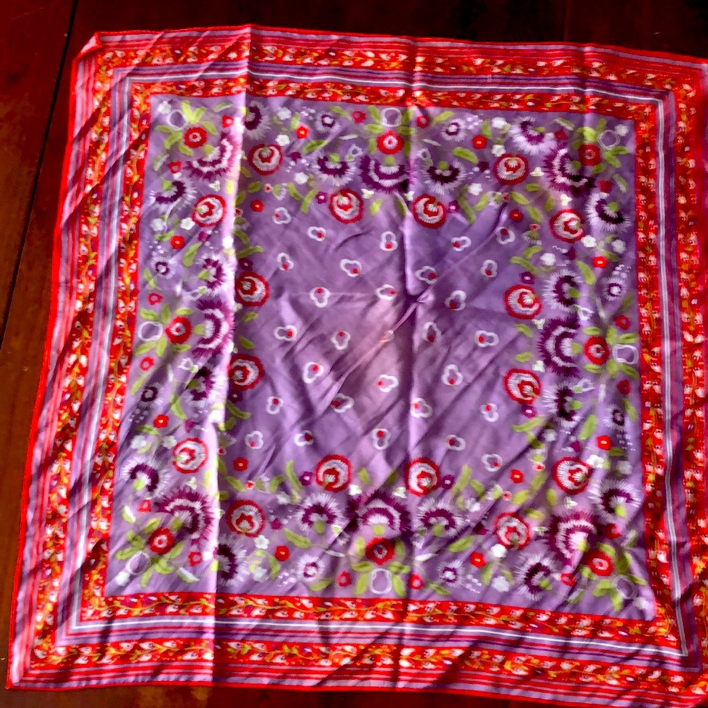 25 1/2” square scarf purple,red,silver, green, and white